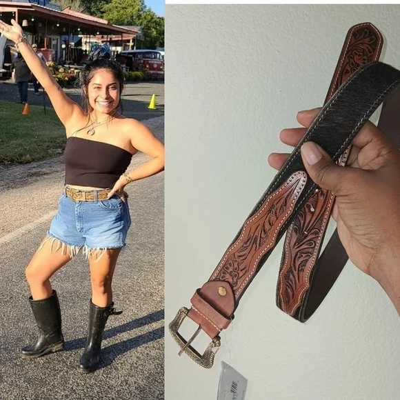 Brown Hand Tooled Leather and Dark Brown and White Cowhide Belt Brown Hand Tooled Leather and Dark Brown and White Cowhide Belt main image 4